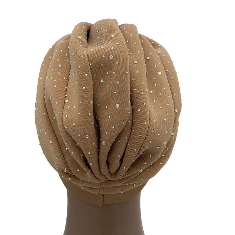 Glitter Diamond Pleated Turban Hat for Women Muslim Headscarf Cap Lady Head Wrap Bonnet Fashion Hijab Turbans African India Hats