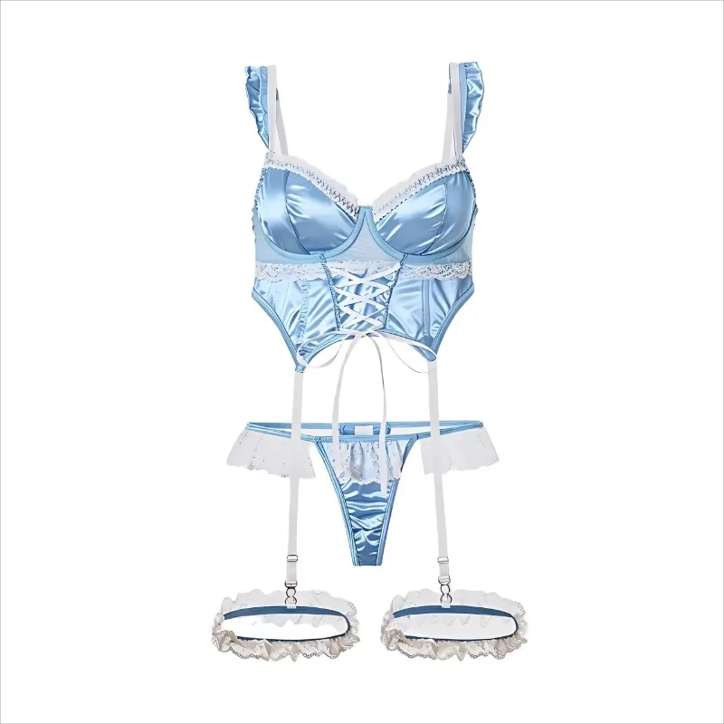 

Women's Lingerie Set Sweetheart Satin Jacquard Lace Patchwork Tie-Up Ruffle Trim Underwire Lingerie Set For Women