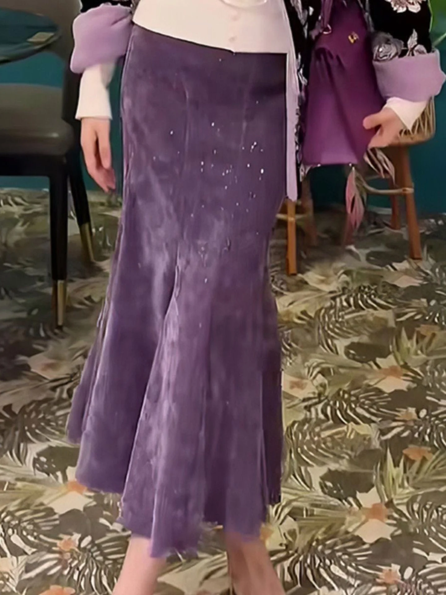 Korean Style Purple Elegant Versatile Half-length Skirt Women's Autumn Winter Heavy-duty Rhinestone Fashion Popular Fish-tail...
