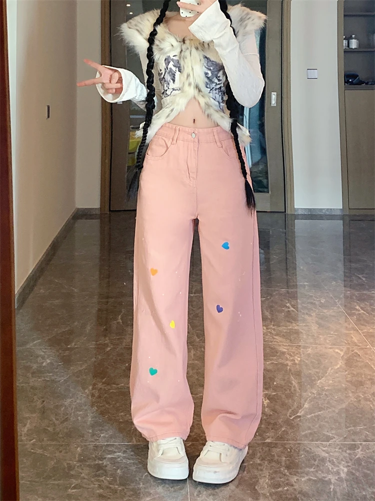 Calças femininas coloridas em forma de coração bordado rosa legal menina casual bottoms calças femininas cintura alta calças largas perna