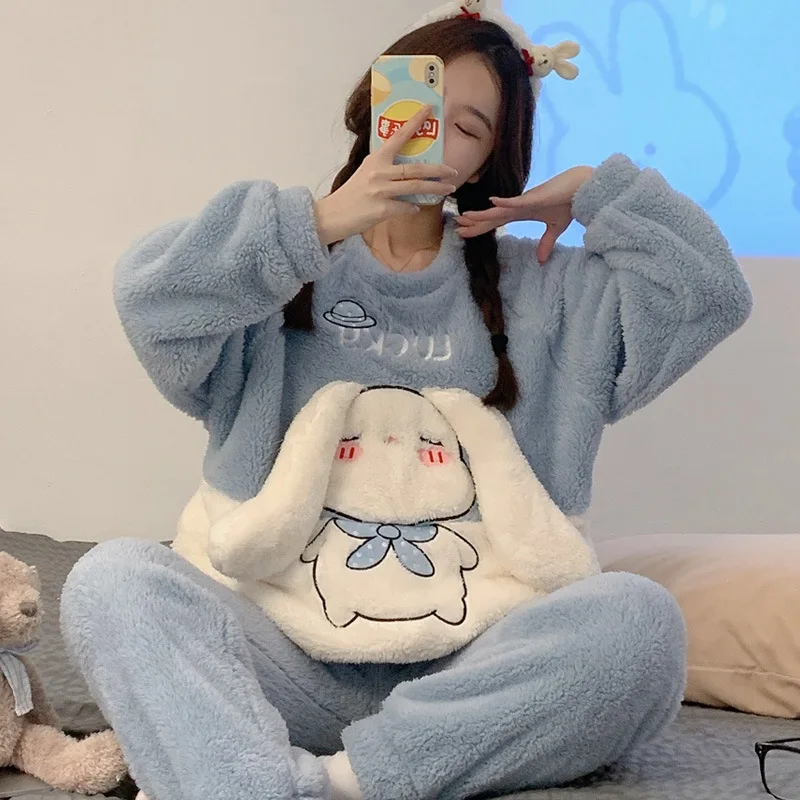 

New Cinnamoroll Kawaii Cartoon Pajamas Sanrioed Anime Pochacco Autumn Winter Student Coral Fleece Girl Home Wear Nightgown Suit