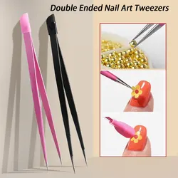 1pcs Double Sided Stainless Steel Nail Tweezers Silicone Pressing Head Nail Tweezers 146mm Stickers/ Rhinestone Picker Nail Tool