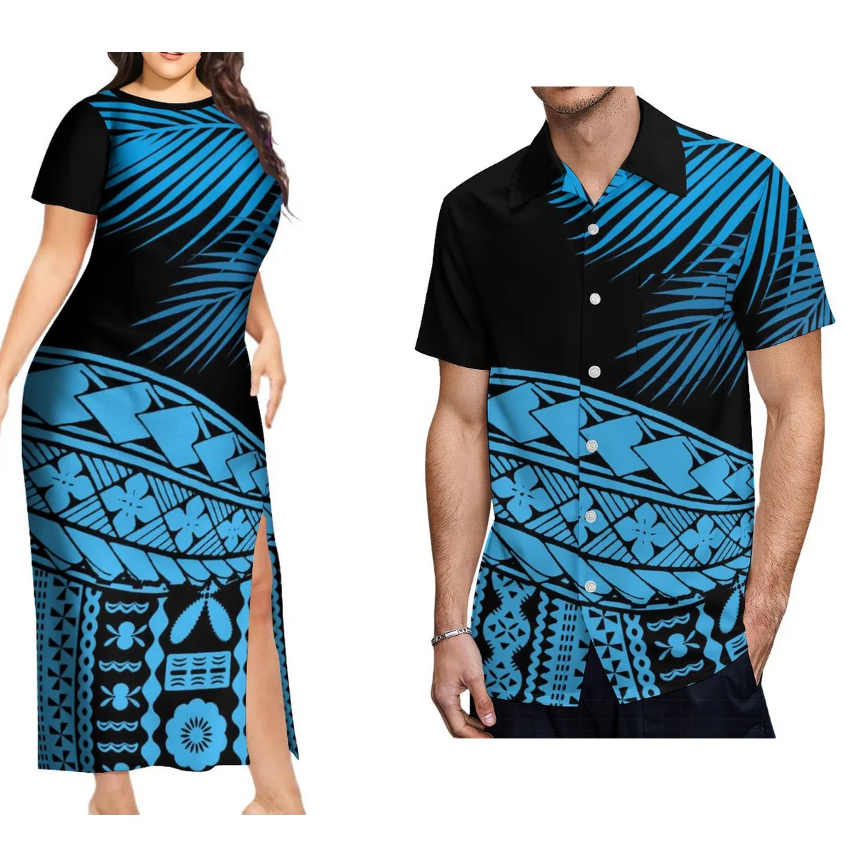 

Polynesian Tribe Designs Artistic Women'S Crew-Neck Dresses Sexy Slit Long Skirts Matching Men'S Shirts Hawaiian Party Dresses