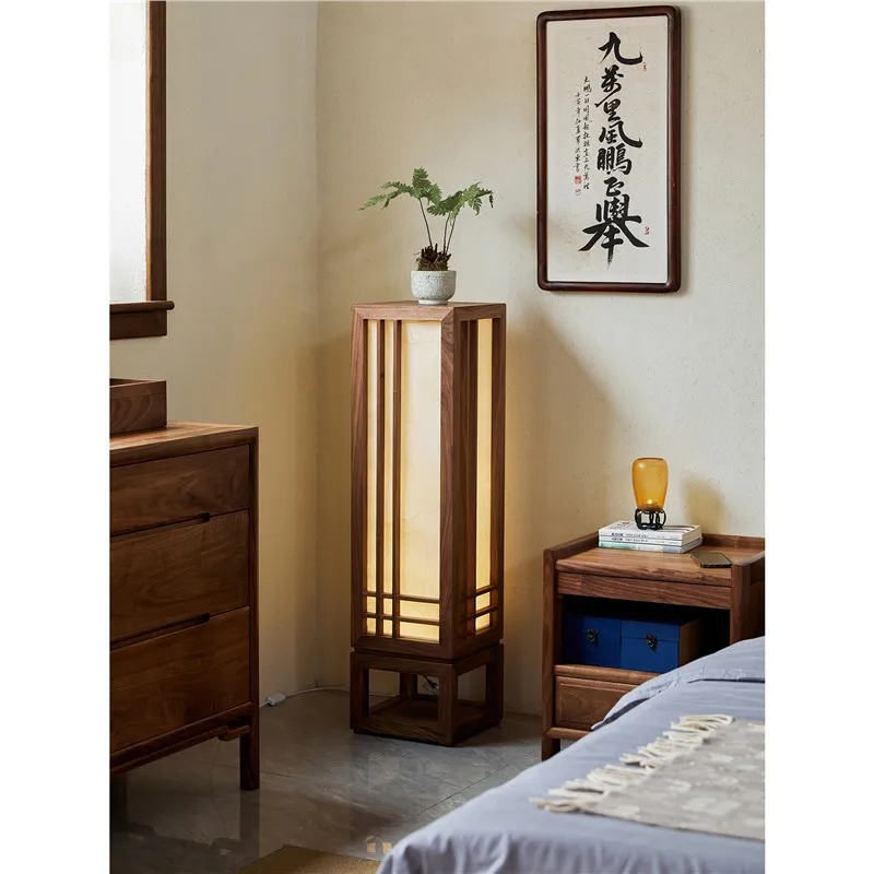 Black walnut floor lamp, living room study decoration, solid wood Zen vertical atmosphere lamp