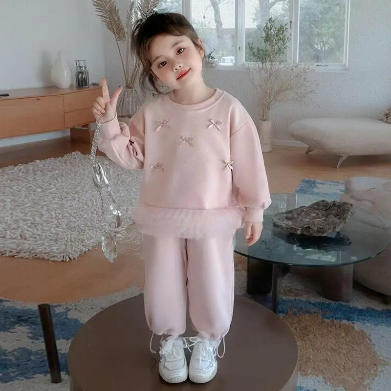 Calças com capuz de duas peças suitgirls sweatshuit conjunto de roupas moda crianças princesa arco amor decoração primavera outono 2025 novo