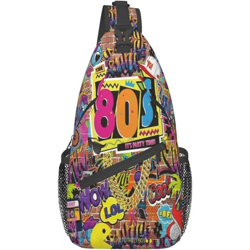 Men's 80s Retro Graffiti Crossbody Chest Bag with Pop Culture Icons Durable Multifunctional Sling Bag for Party Nostalgia Gift