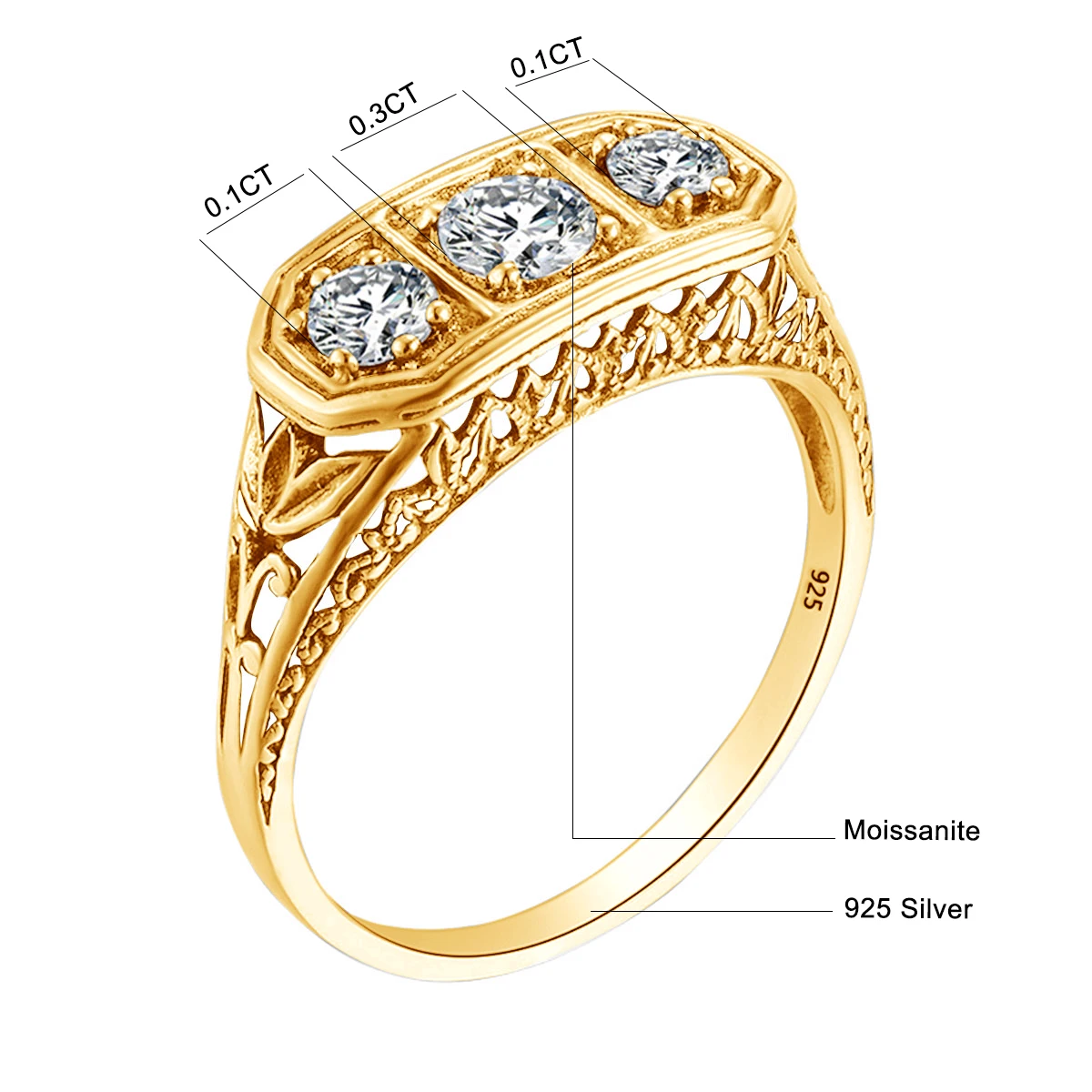 18K Farbiger 3-Stein-Moissanit-Ring für Damen, Massives 925er Silber, Hochzeitsring, zertifizierter vergoldeter Schmuck für Verlobungen – Detail 1