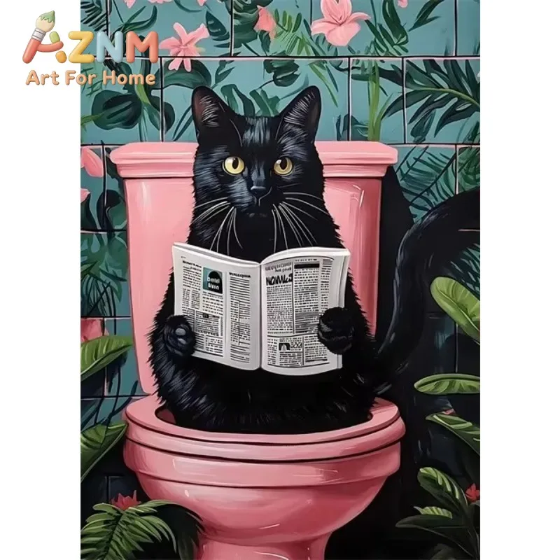 Whimsical Black Cat Reading Newspaper Poster Prints Bathroom Vintage Pink Maximalist Decor Funny Toilet Canvas Painting Wall Art