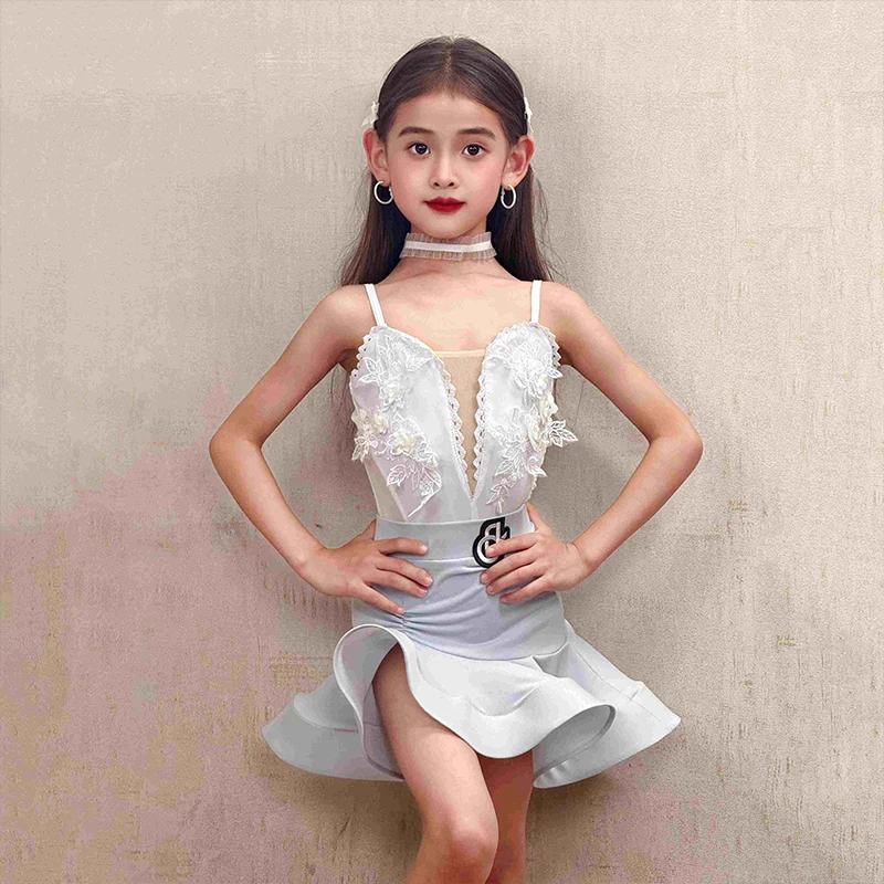 

2025 Latin Dance Costume Children Tango Waltz Samba Dance Performance Clothes Girls Dancing Practice Fish Bone Skirt Set XH2961