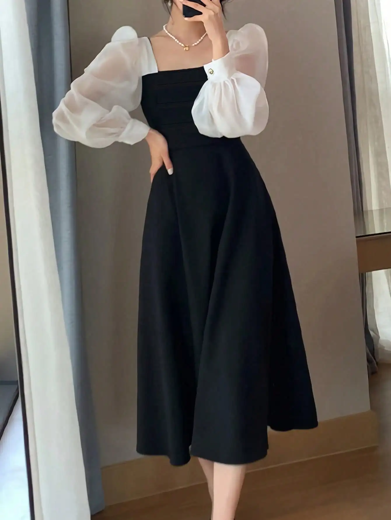 Youth Off-Shoulder Long Sleeve Dress Spring Autumn Children's Wear Bubble Sleeves Square Neck A-Line Retro Style