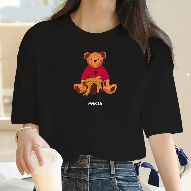 Summer new cute bear short sleeve printed clothing women T-shirt Harajuku pattern fashion clothing women top off the boat