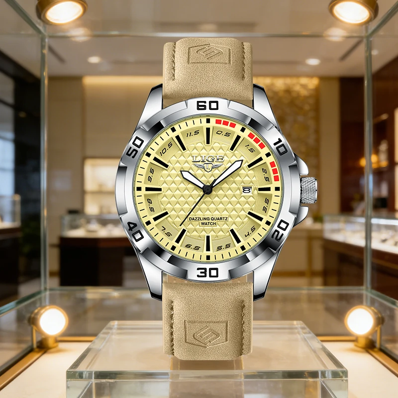 

LIGE Casual Fashion Quartz Man Watch 3D Textured Dial Leather Simple Military Waterproof Luminous Watches Male Auto Date Clocks
