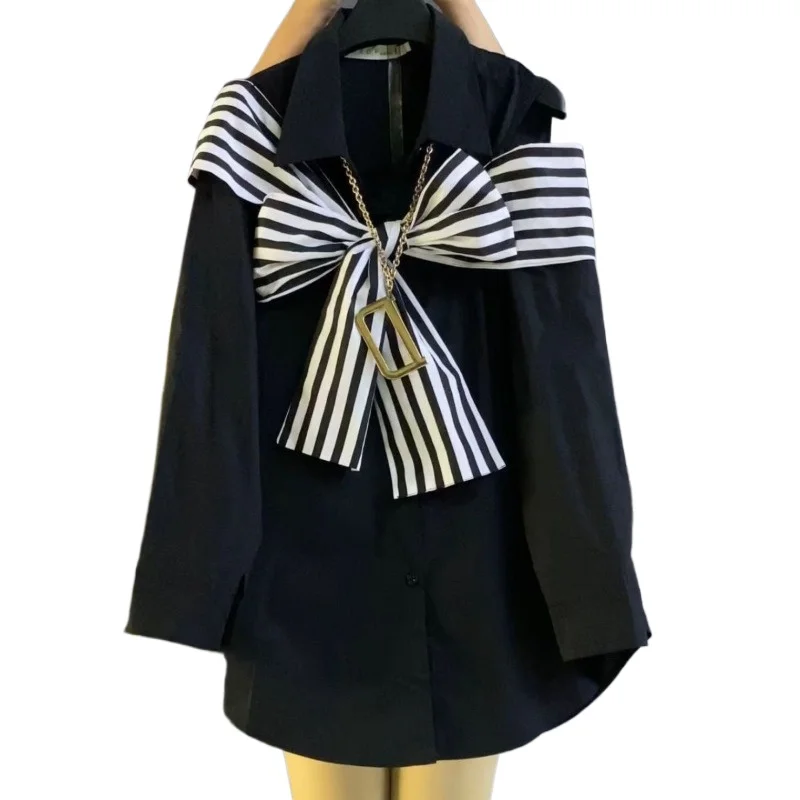 【Shop Sales】Design Sense Niche Fake Two Striped Off-the-shoulder Shirt in The Long Top of The Spring New Large-size Women's Wear