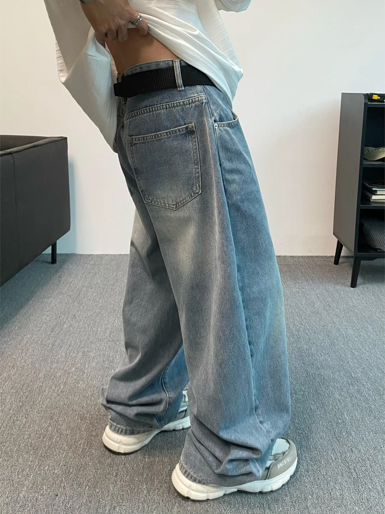 

Мужские джинсы светлого цвета в стиле ретро с американской талией, прямые свободные широкие длинные брюки, повседневные хлопковые джинсовые брюки