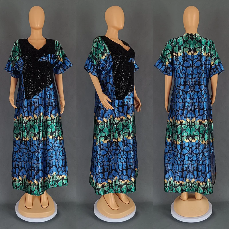 فستان قفطان فضفاض مطبوع بالترتر المخملي في الشرق الأوسط على الطراز الأفريقي العرقي من الساتان الكريستالي