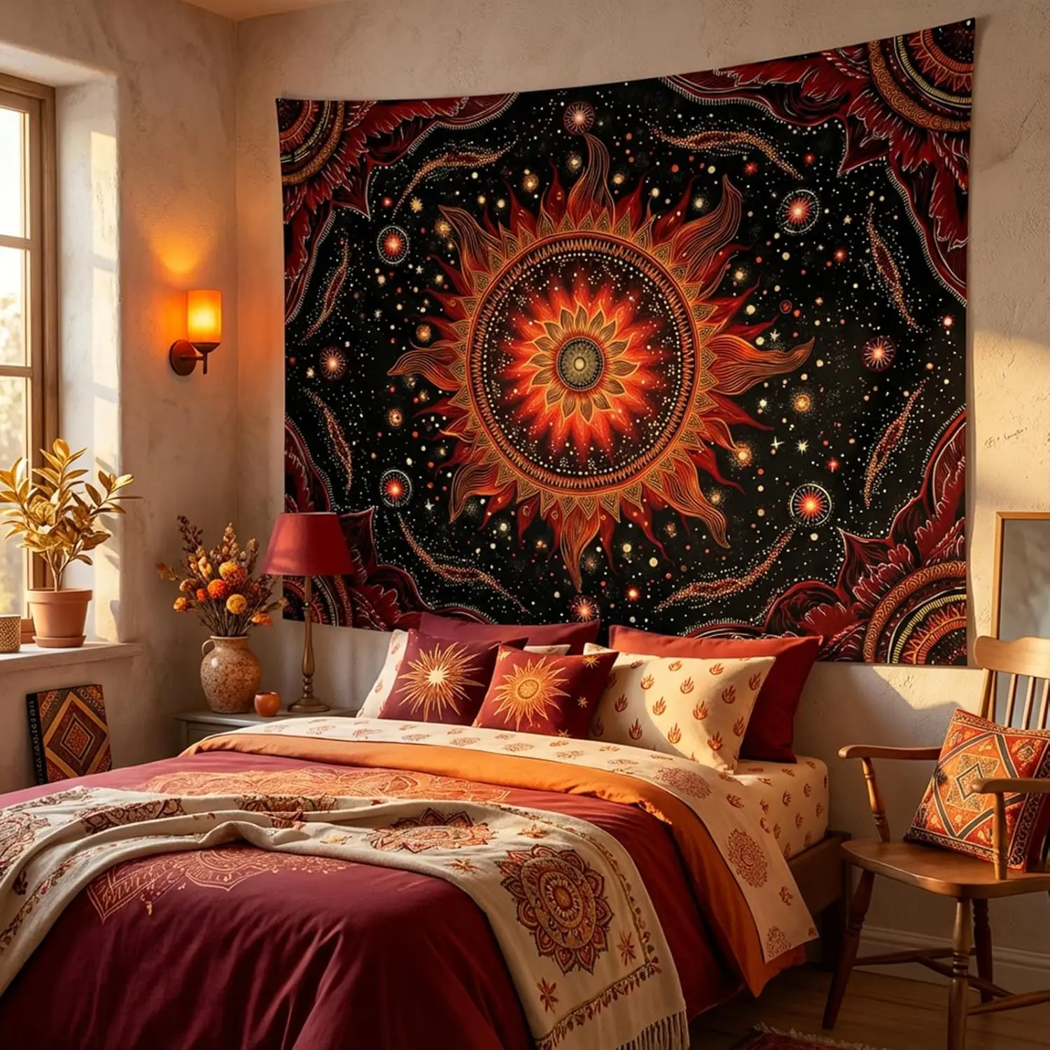 Tapestry Fiery Celestial Sun Mandala Wall Hanging Mystical Red Gold Starry Sky Decor Bohemian Yoga Meditation Backdrop