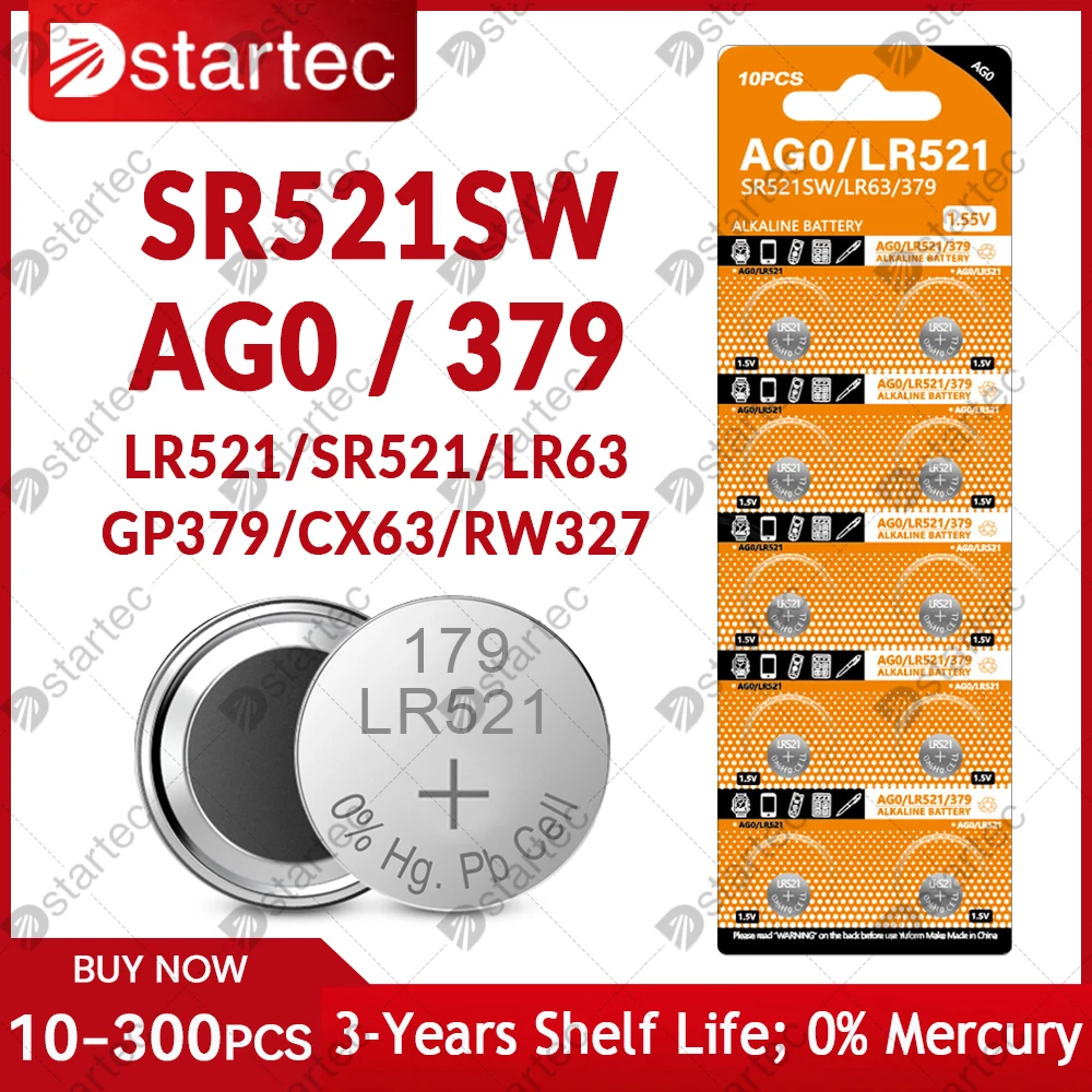 NEW 10-300PCS AG0 379 SR63 LR63 LR521 379A 1.55V Button Batteries For Watch Toys Remote SR521SW D379 Cell Coin Alkaline Battery