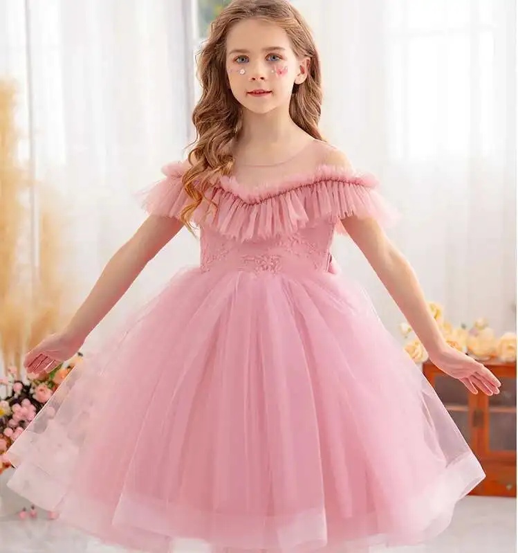 

New Baby Girls Boutique Mesh Pink Performance Dress, Princess Kids Elegant Party Dresses 3-7T