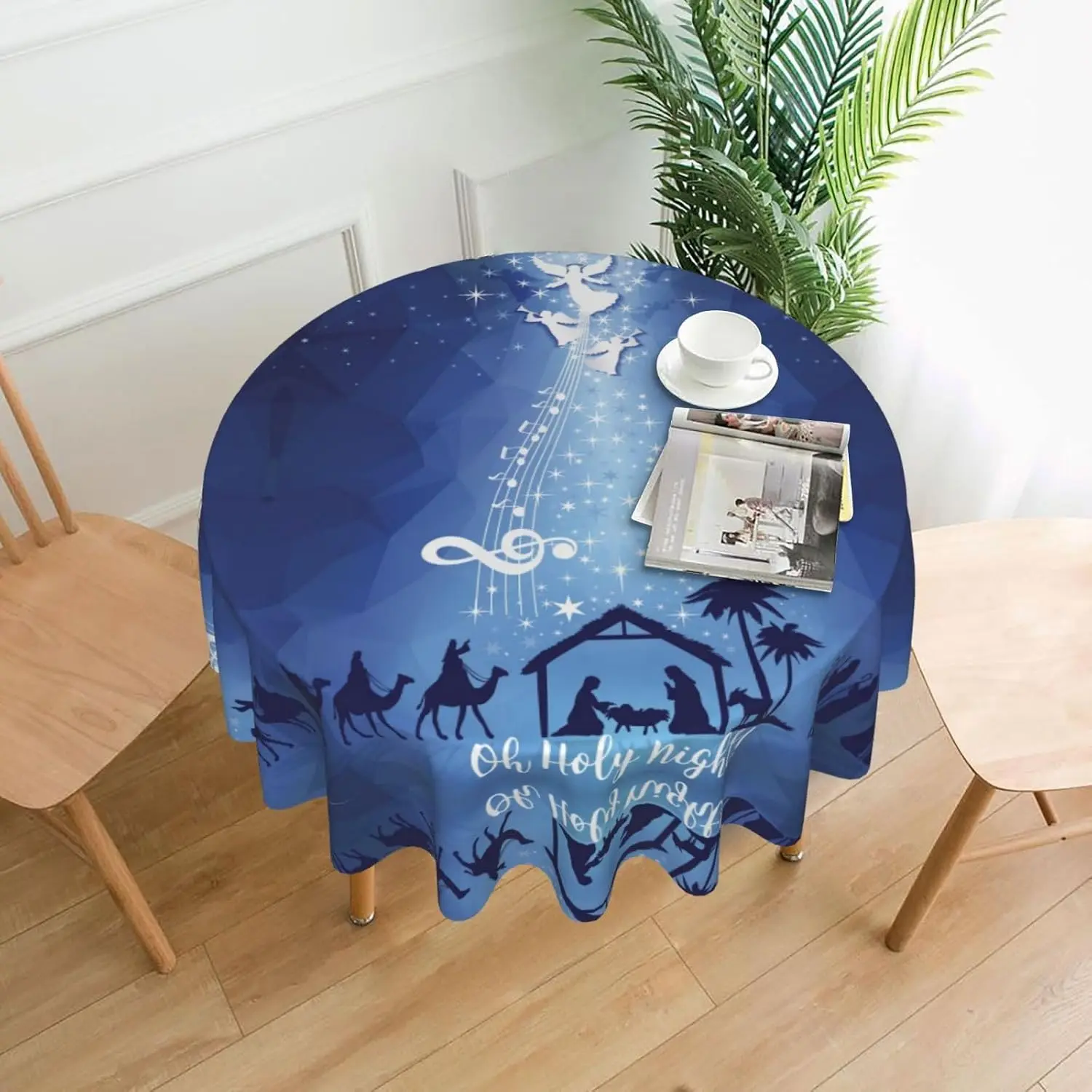 Christian Christmas Nativity Scene O Holy Night Tablecloth Round 60 Inch Party Decoration Table Cover for Holiday Home Decor