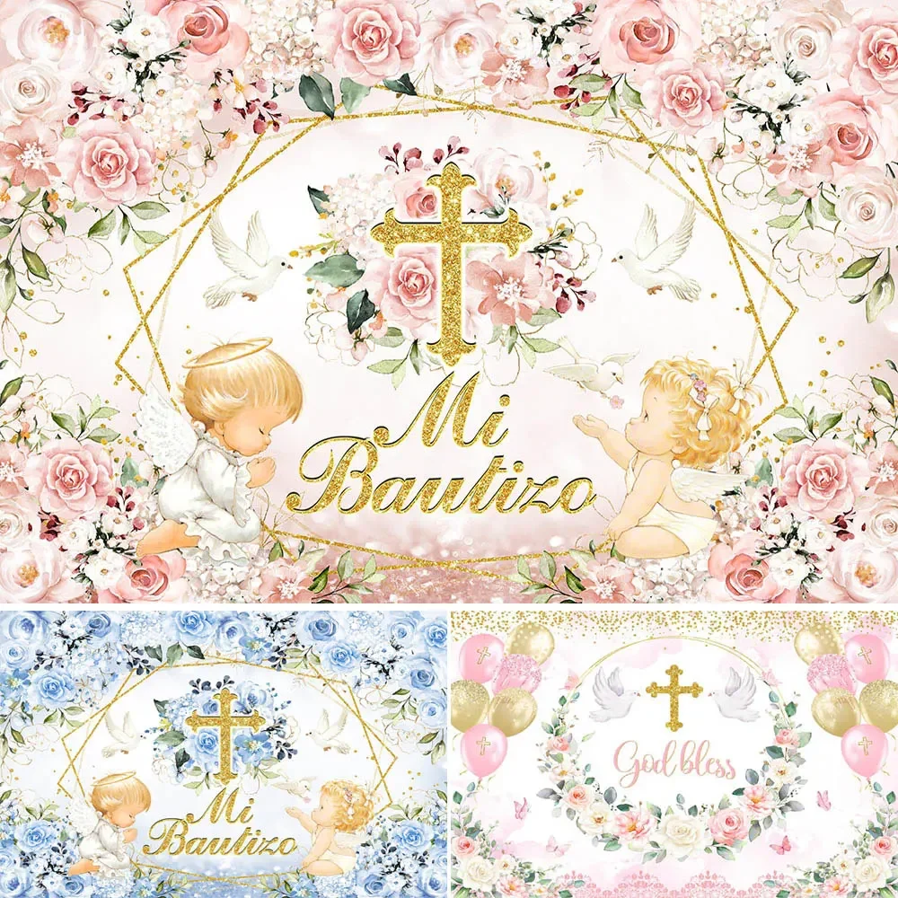 

Newborn Baby Baptism Photography Backdrops God Bless Pink Flowers Golden Cross First Holy Communion Photo Background Studio Prop