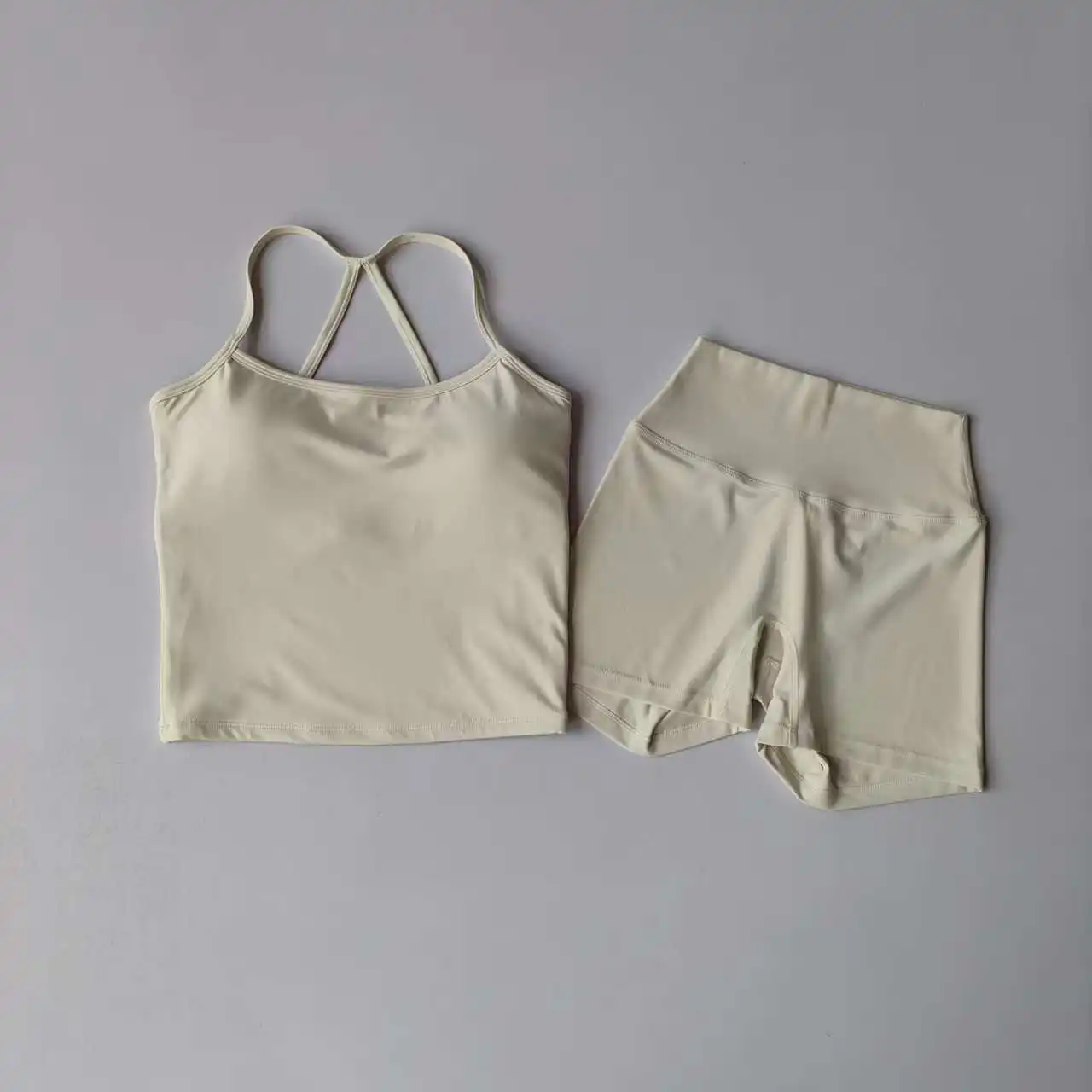 2PCS Yoga Set Nude Sports Bras Longline Strappy Tank Top Scrunch Sports High Waisted Shorts Gym Clothes Summer Workout Outfits