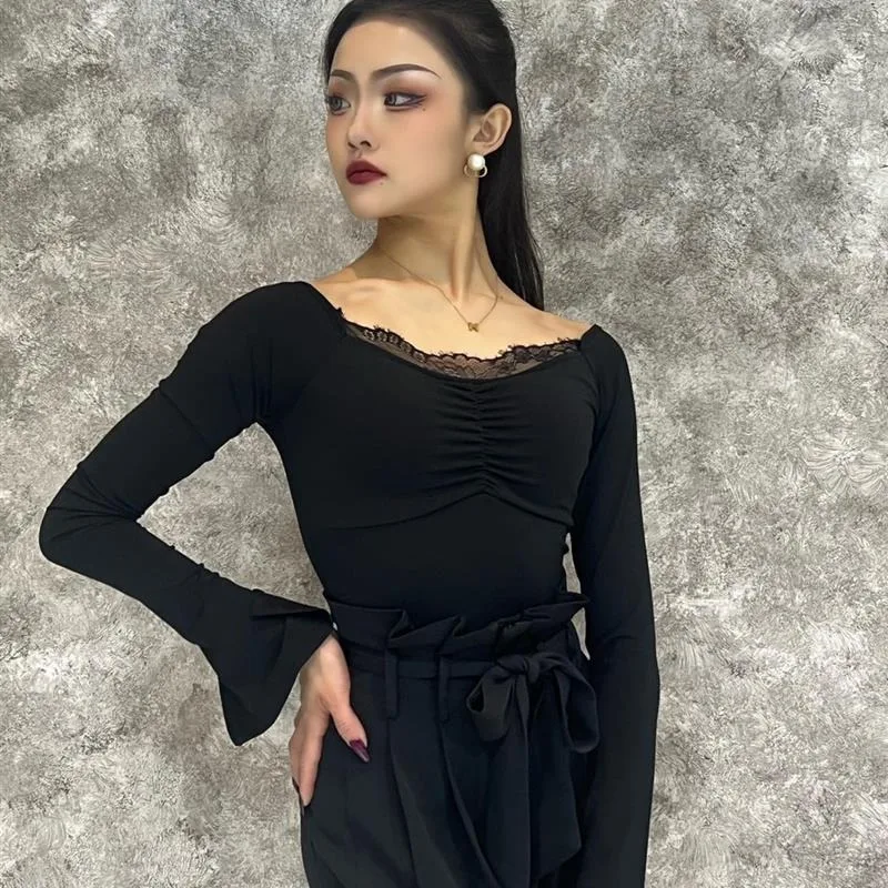 customized Latin dance bodysuit with black floral bud pants wide leg pants women's lace edge long sleeved top for two outfits