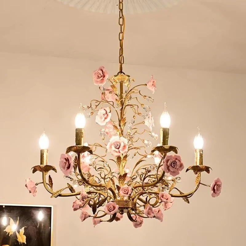 French Garden Ironwork Chandelier Lamps Vintage Ceramic Flower Red Rose Clothing Store Restaurant Led Candle  Lighting