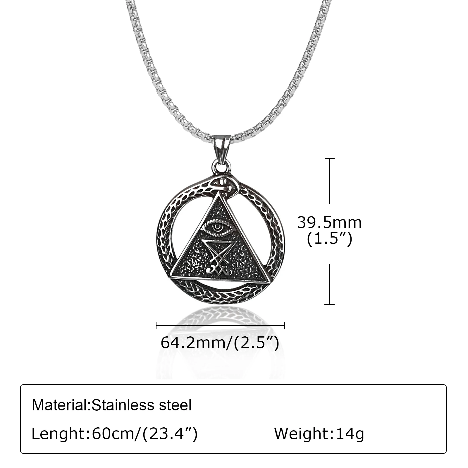 Vnox God\'s Eye Lucifer Triangle Necklaces for Men, Gothic Vintage Male Boy Snake Circle Pendant with Box Chain, Satanism Symbol