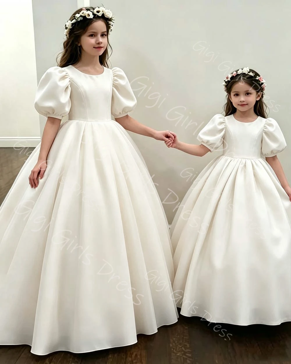Ivory Satin Flower Girl Dress For Wedding Puffy Sleeves Round Neck First Communion Kids Birthday Party Dress Custom Ball Gown