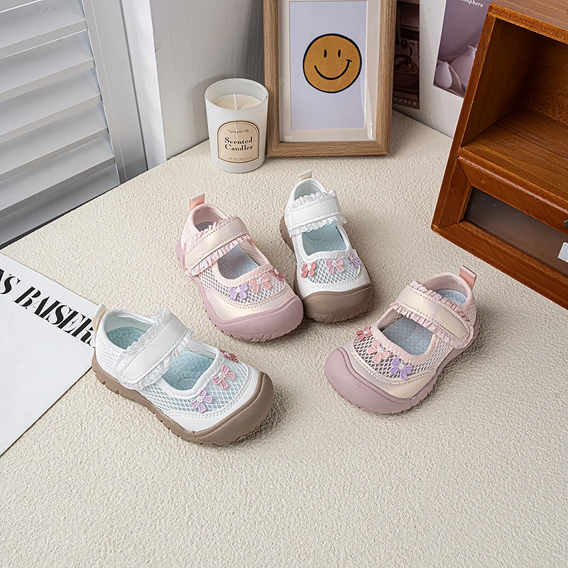 Summer Toddler Girls Breathable Mesh Mary Jane Shoes Flower Anti-Collision Non-Slip Soft Sole for Daily School Outdoor Play Wear