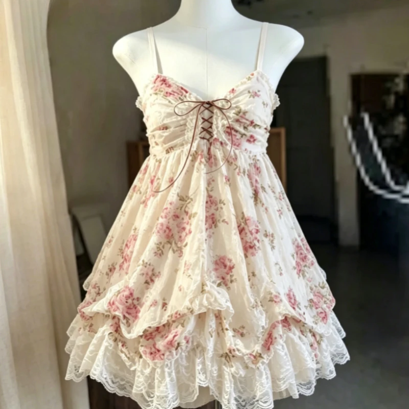 2000s Gothic Vintage Mini Dress Women Sleeveless Strap Party Dress Evening Lace Retro Cltohing Japanese Y2k Black Chic Lolita