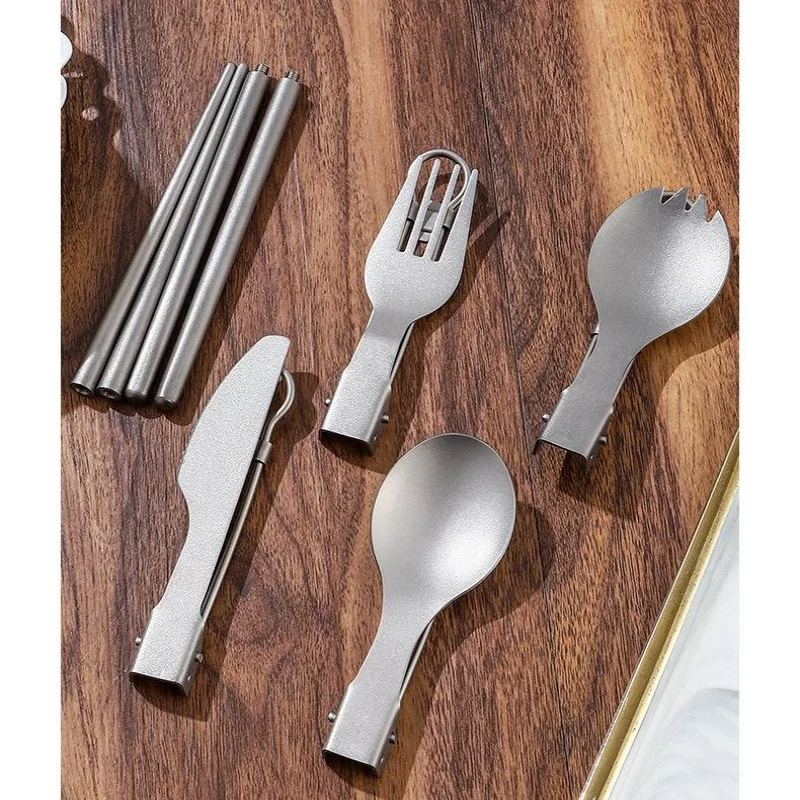 Titanium Foldable Utensil Set with Fork Spoon Knife Chopsticks, Portable Lightweight Combination for Hiking Camping Backpacking view 3