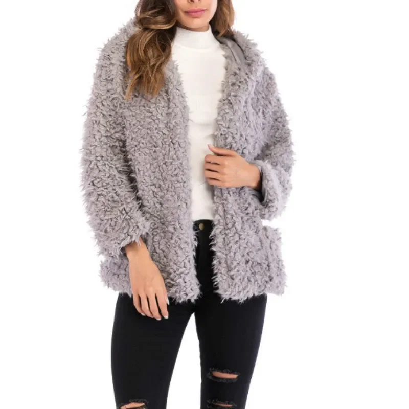 Mantel bulu beruang Teddy Wanita, Luaran lengan panjang halus warna polos, sweater kasual longgar musim gugur dan dingin