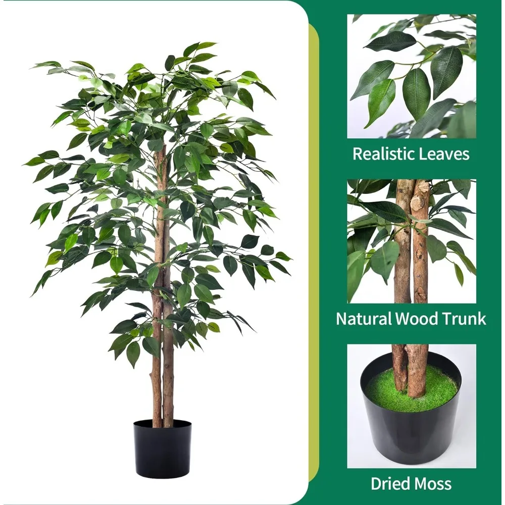 2Packs 4FT Artificial Ficus Trees with Realistic Leaves and Natural Trunk, Faux Ficus Tree with Sturdy Plastic Nursery Pot,