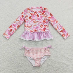Wholesale Infant Toddler Long Sleeves Tops Swimsuit Kid Plaid Shorts Swimwear Summer Set Baby Girl Bathing Suit Clothing