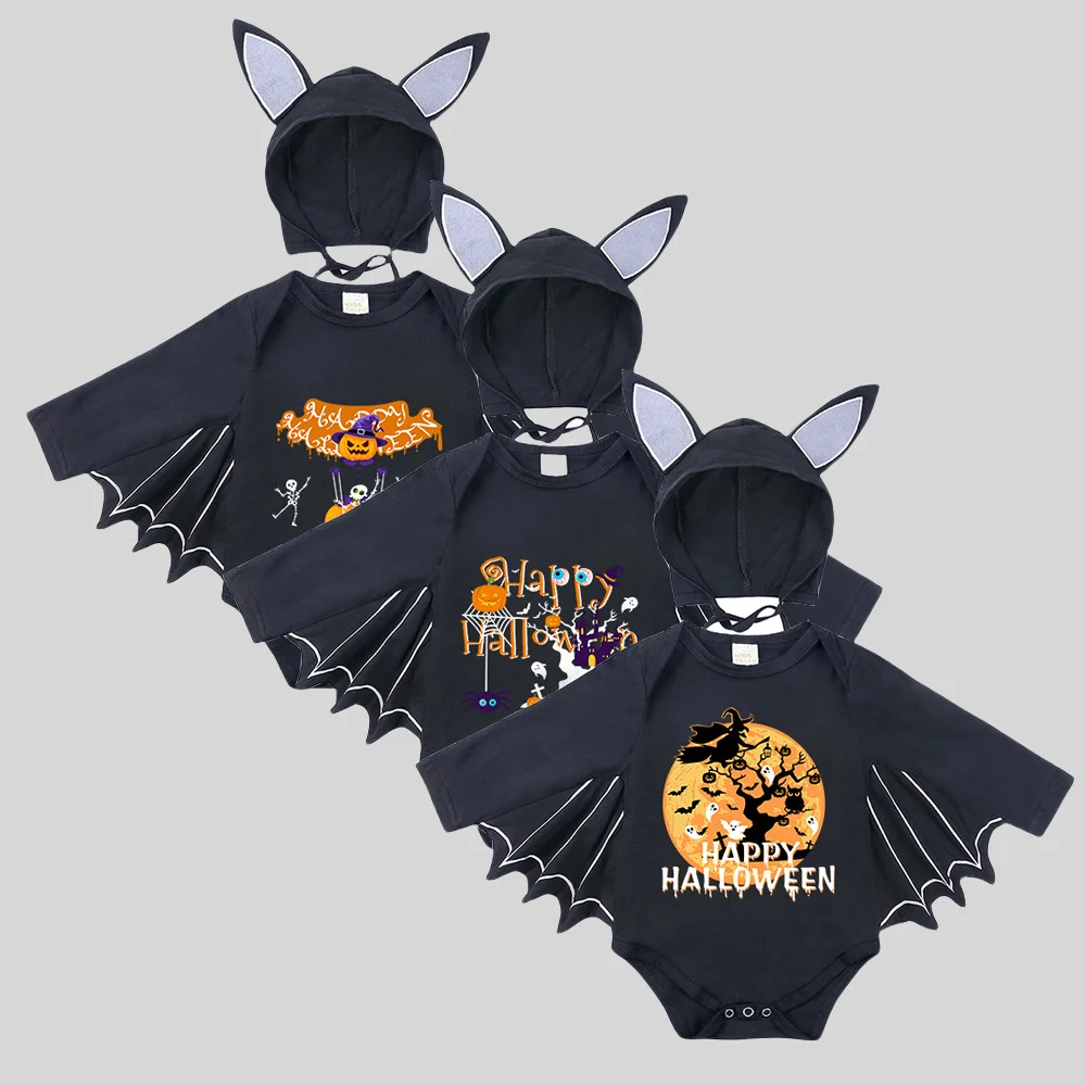 

Cute Baby Halloween Bat Costume Onesie with Hooded Ears & Wings Cotton Halloween Festival Theme 3-24M Infant Bodysuit