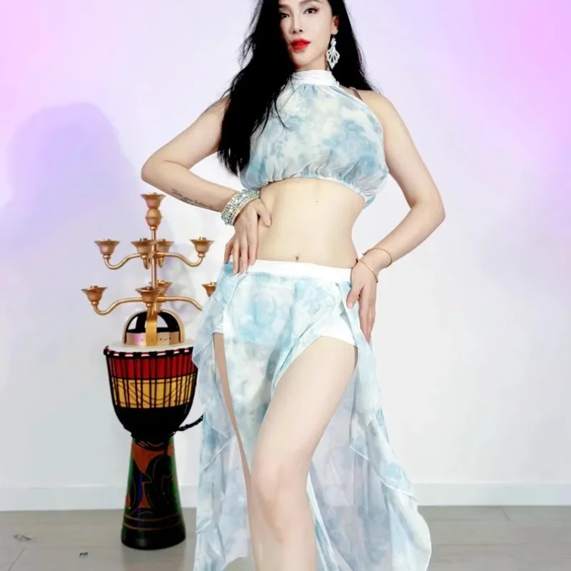 

Customized Sw Belly Dance Costume Practice Outfit Ink Printed Chiffon Strapless Lace Double Slit Long Skirt Indian Clothes Women
