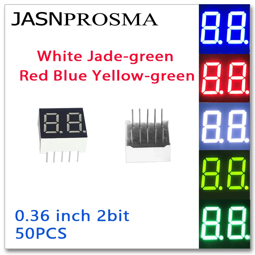 JASNPROSMA 50PCS 0.36 inch 2bit digit Tube red blue white jade yellow green Common Cathode Anode LED Display 0.36inch 2 bit two