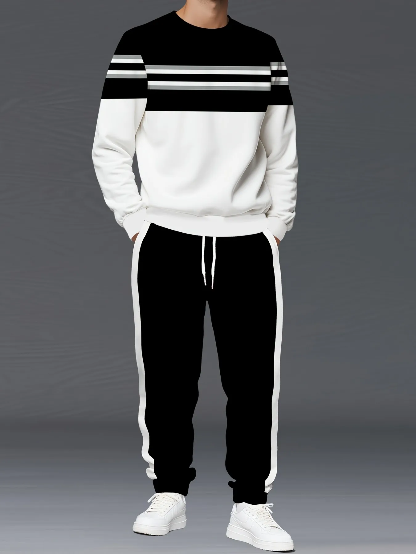 2026 Autumn/Winter New Style Simple Casual Fashion-Comfortable Soft 3D Stripes Pattern Printed Men's Round Neck Sweatshirt Set