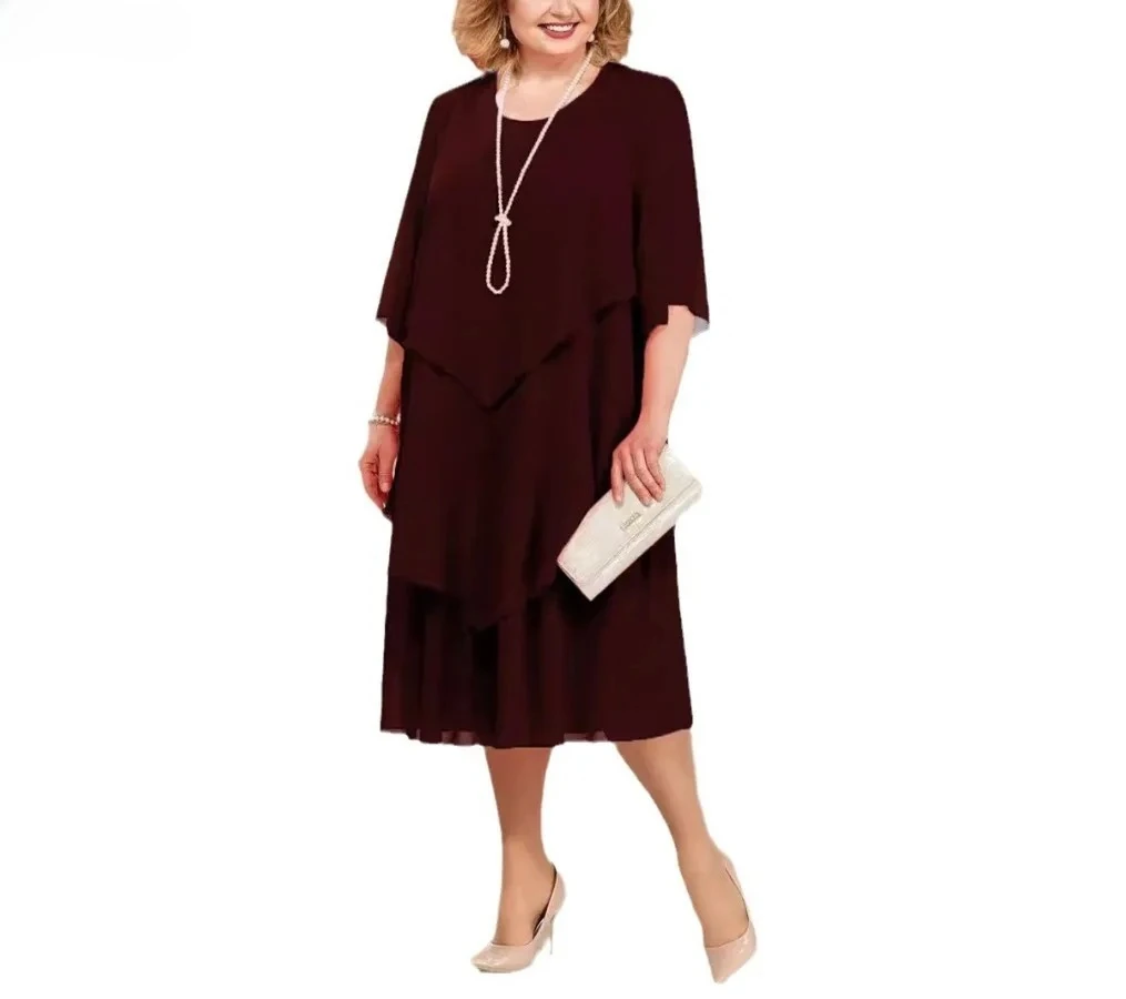 Elegancka sukienka szyfonowa plus size damska z nieregularnym, warstwowym dołem, zwiewna sukienka midi, modna sukienka na imprezę, wesele, dla gościa, letnia sukienka z dekoltem O.