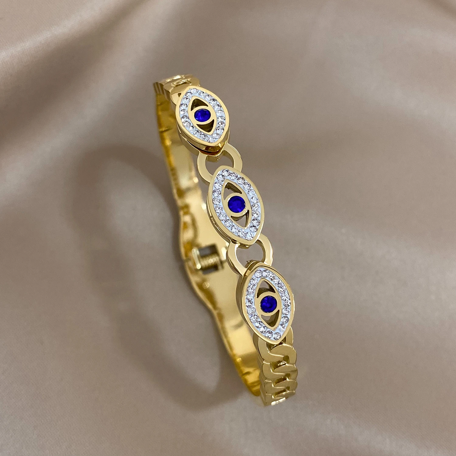 Evil Eye Stainless Steel Charm Bracelet, Rhinestone