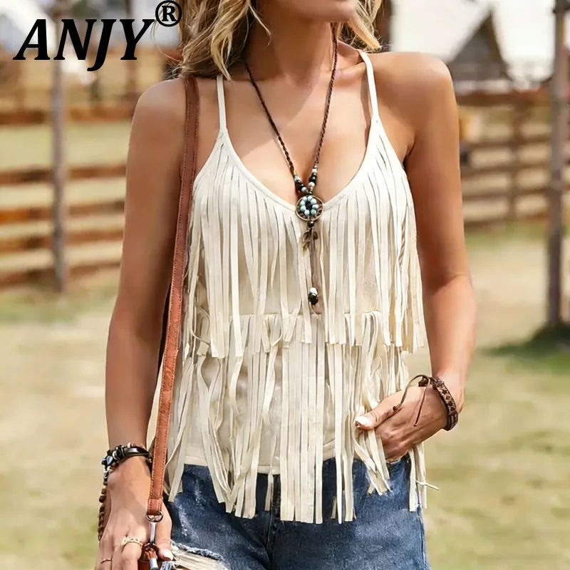 

ANJY Новая летняя женская модная сексуальная майка с бахромой, стильный топ без рукавов в уличном стиле для модниц, однотонная безрукавка A21781