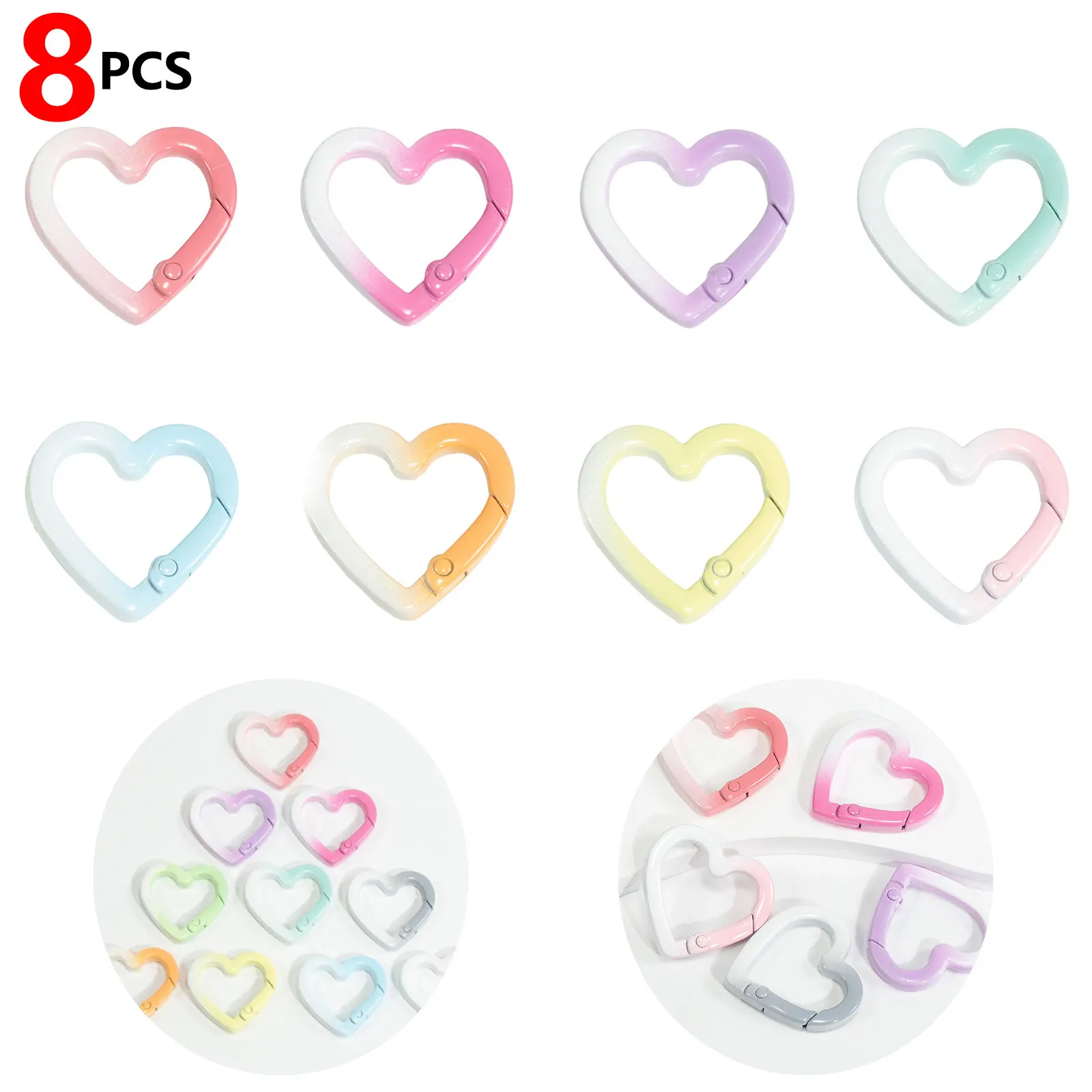 8 PCS Durable Mixed Color Aluminum Alloy Heart Gradient Climbing Carabiner Carabiner, Powerful Key Ring Hook