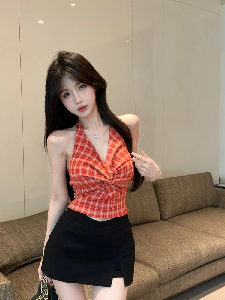 Sexy Glitter Checkered Halter Vest Top V-Neck Sleeveless Slim Fit Women Summer Niche Design Twist Knot Dopamine Style