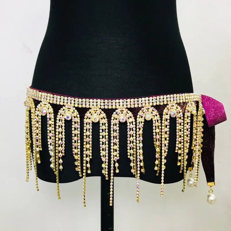 Chaîne de taille de danse du ventre pour femmes, accessoires de spectacle de danse, pendentifs strass, pompon en diamant d'eau Sexy, ceinture en diamant coloré