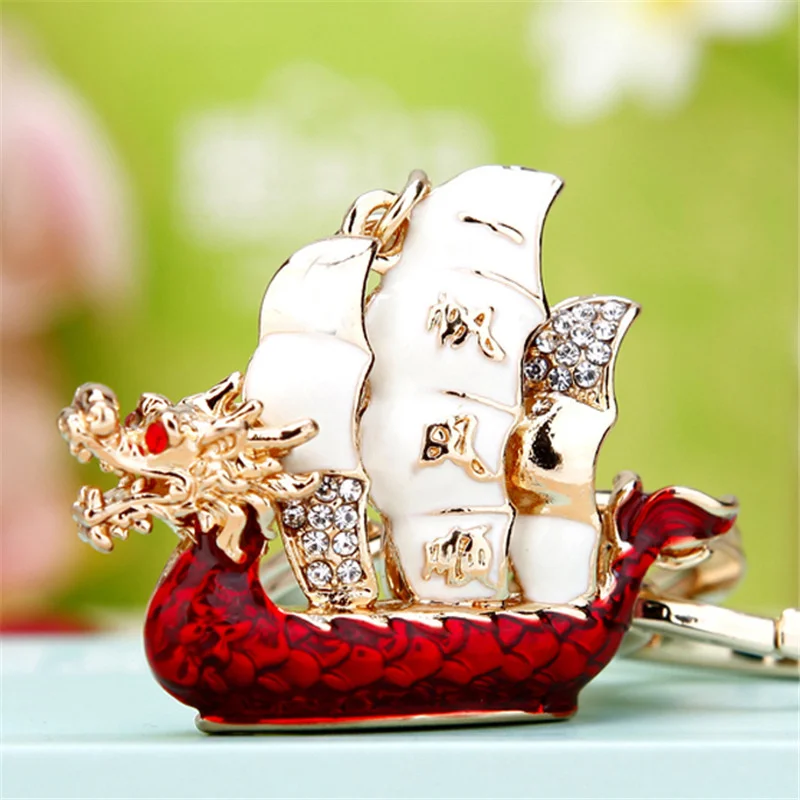 Cute Dragon Sailing Boat Vessel Charm Pendant Rhinestone Crystal Car Purse Key Chain Jewelry Wedding Creative Party Gift