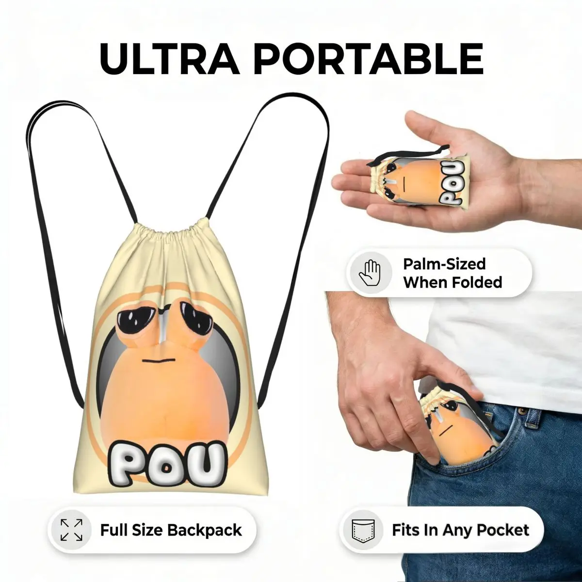 My Pet Alien Pou Cute Cartoon Drawstring Backpack hiking cycling Bag Portable Travel Drawstring Bag for Men Women