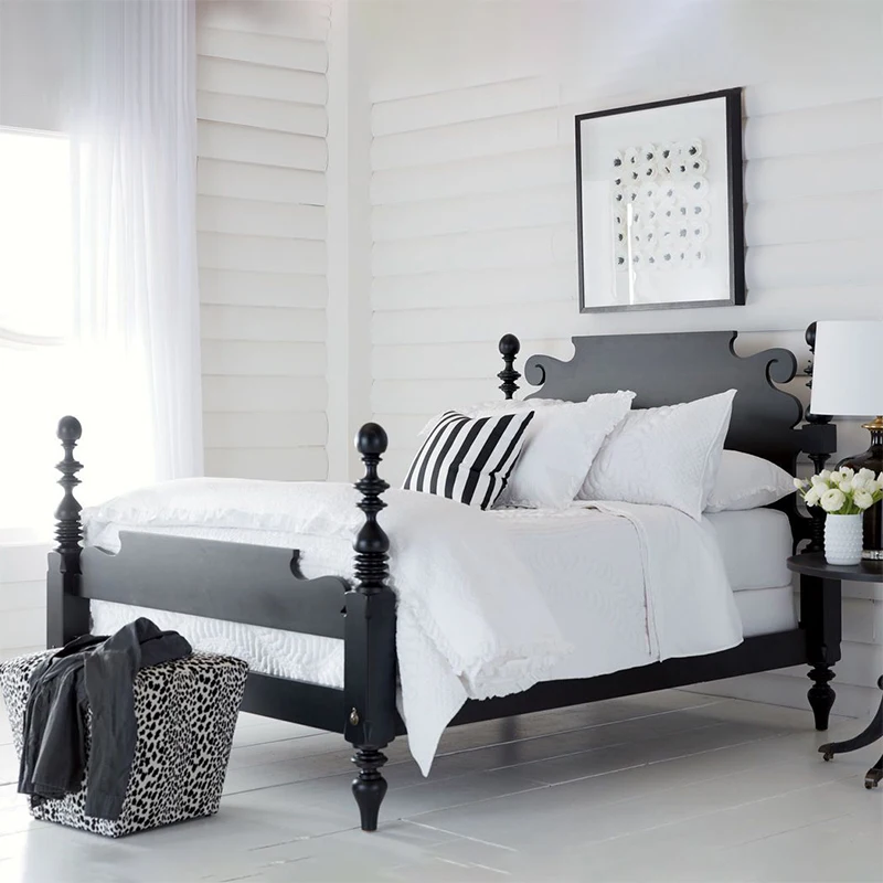 Country solid wood retro bed white and black Quincy short column high box bed boys and girls Mediterranean garden bed