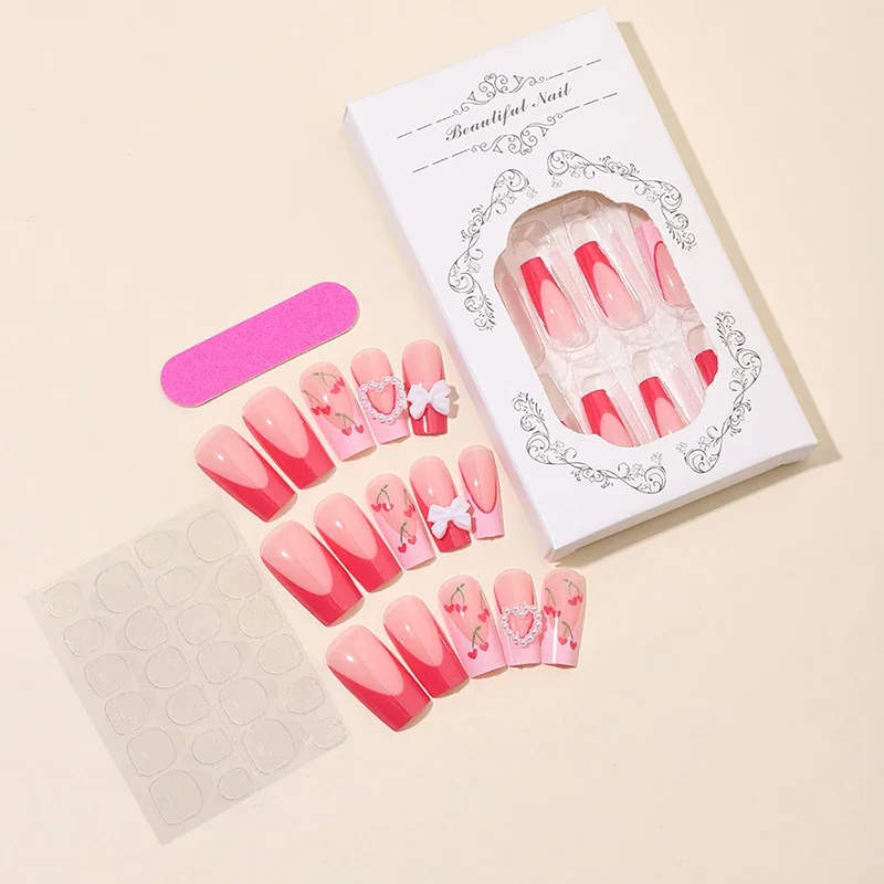 24Pcs Medium and Long Press on Nails  Red French Spring Heart Cherry Bow False Nail Removable Wearable Nail for Women&Girl