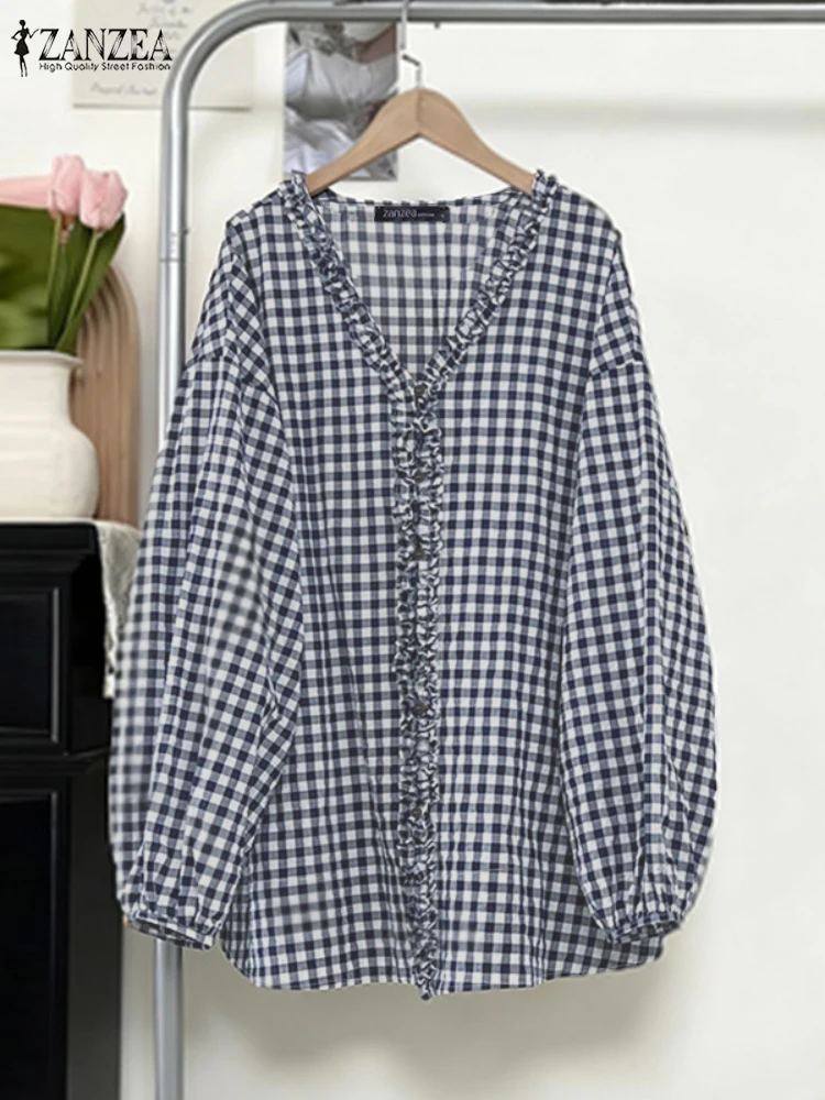 بلوزة خريفية من ZANZEA لعام 2025 بلوزات نسائية منقوشة بأكمام طويلة ورقبة على شكل V قميص عمل مكشكش قميص فضفاض غير رسمي Mujer فام